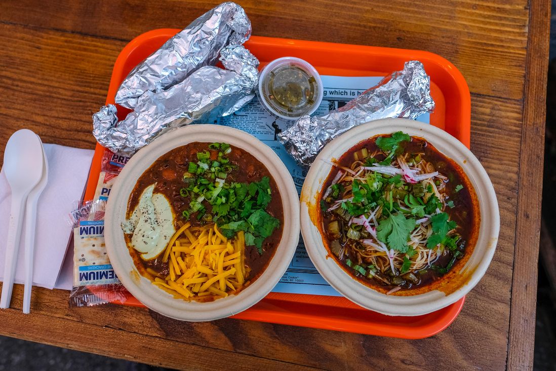 Bowl O' Beef Chili ($14), Hominy Fideo Soup ($11)